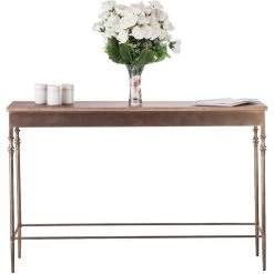Iron & Wood Console Hall Table W Finial Legs Brass