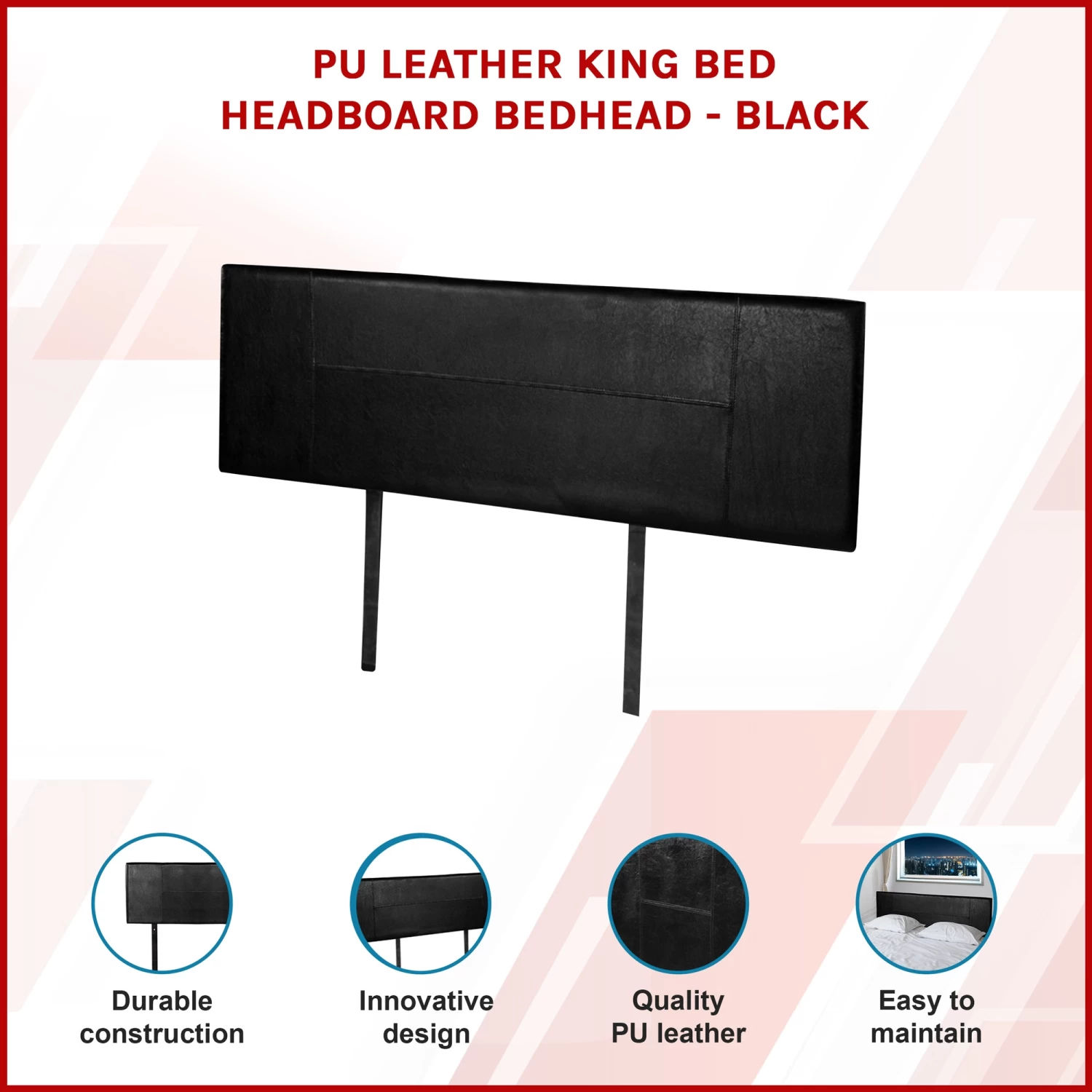 PU Leather King Bed Headboard Bedhead - Black - Image 3