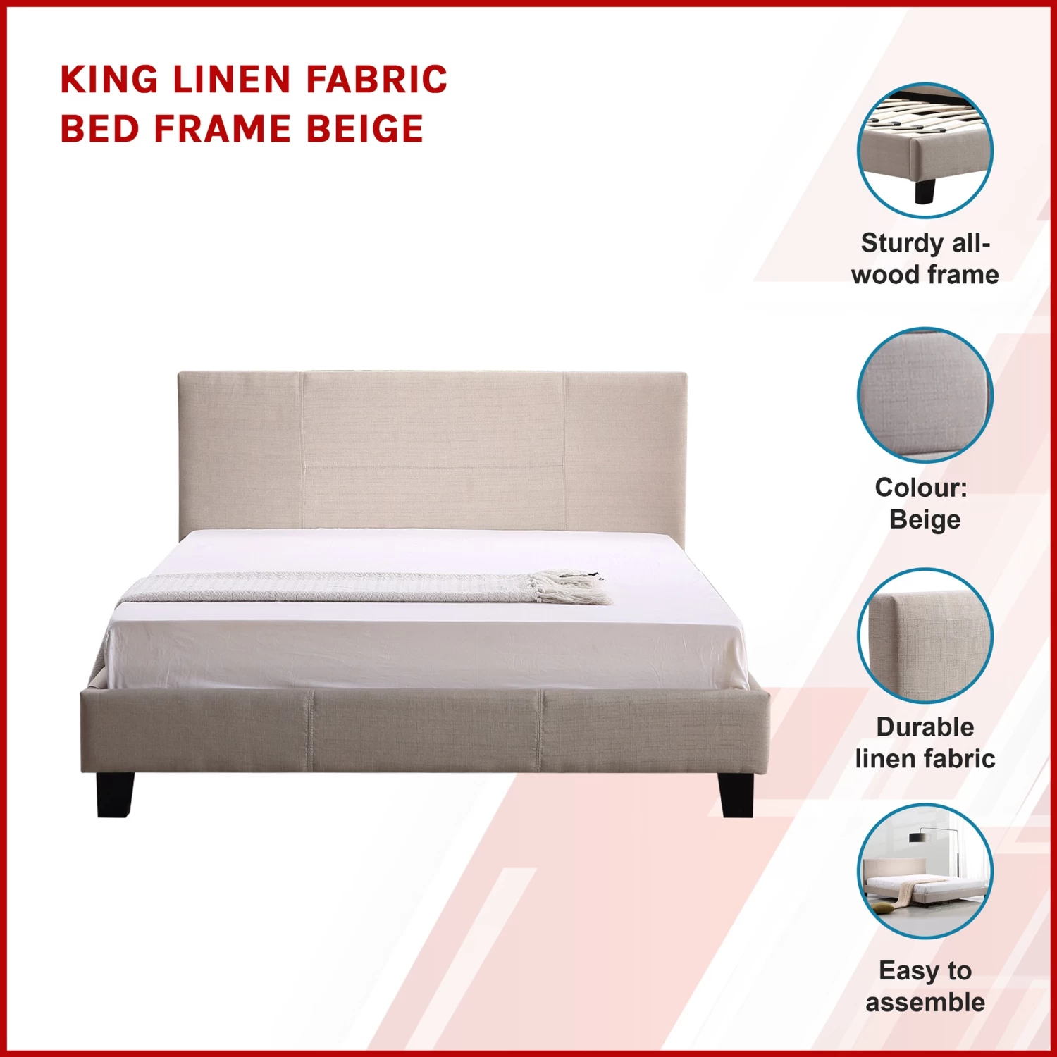 King Linen Fabric Bed Frame Beige - Image 3