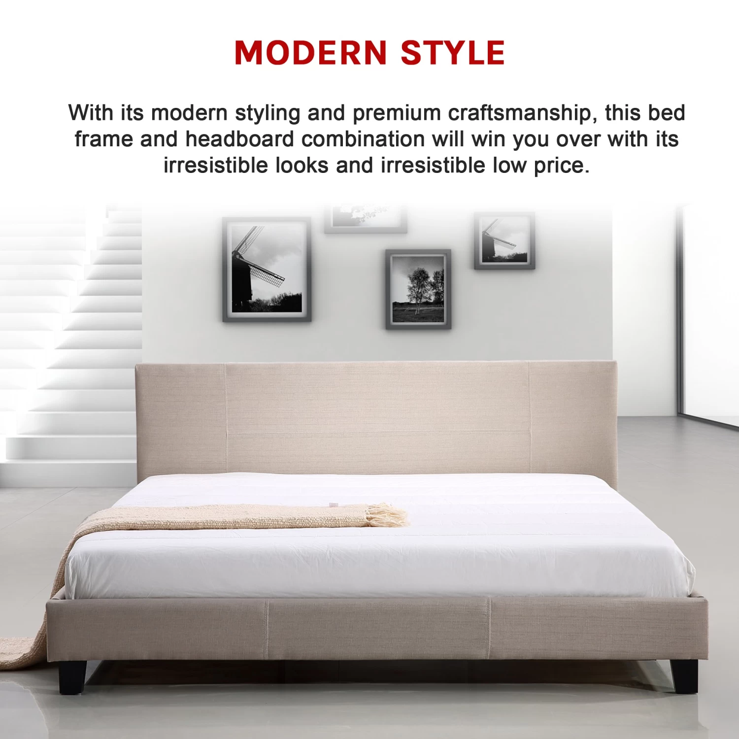 King Linen Fabric Bed Frame Beige - Image 7