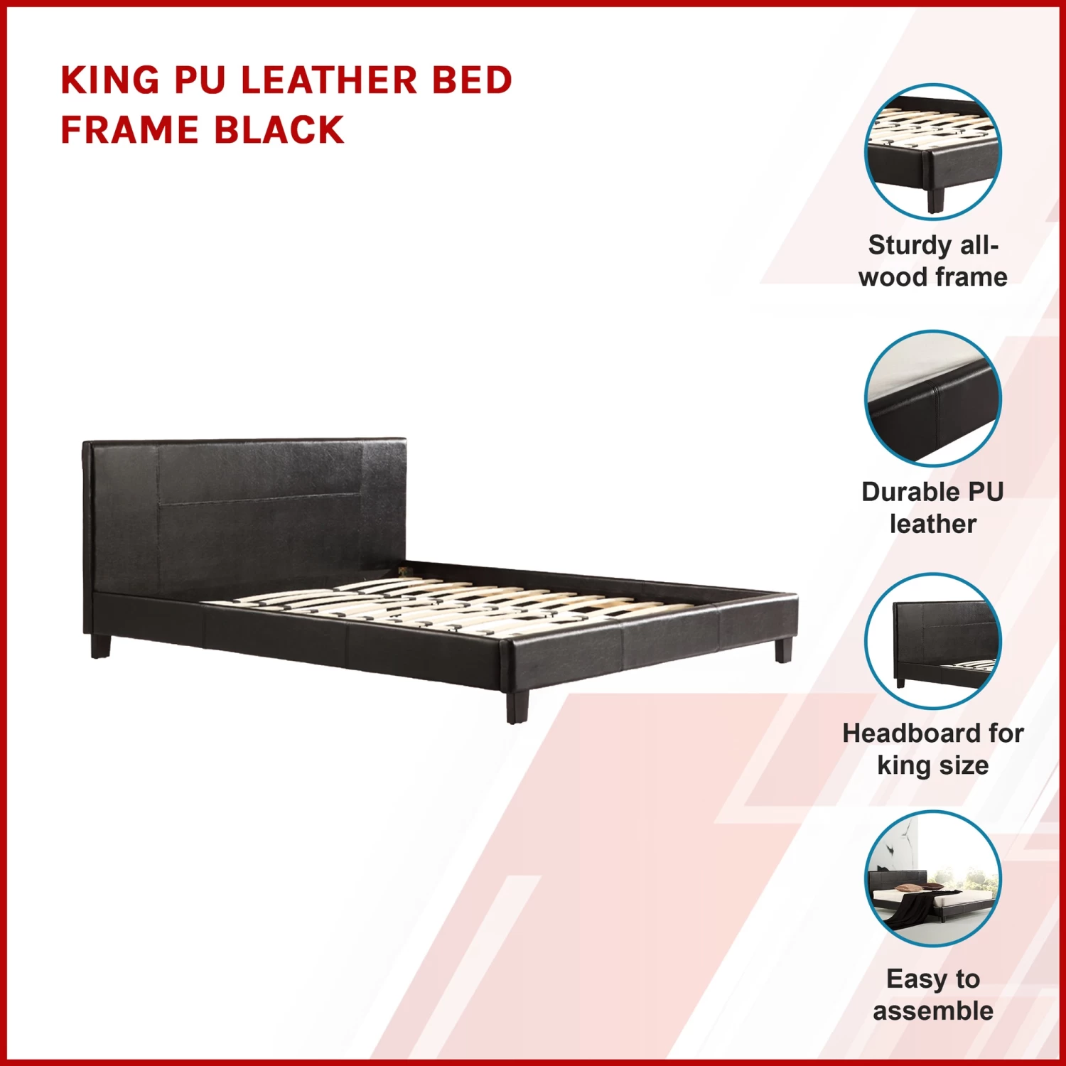 King PU Leather Bed Frame Black - Image 3