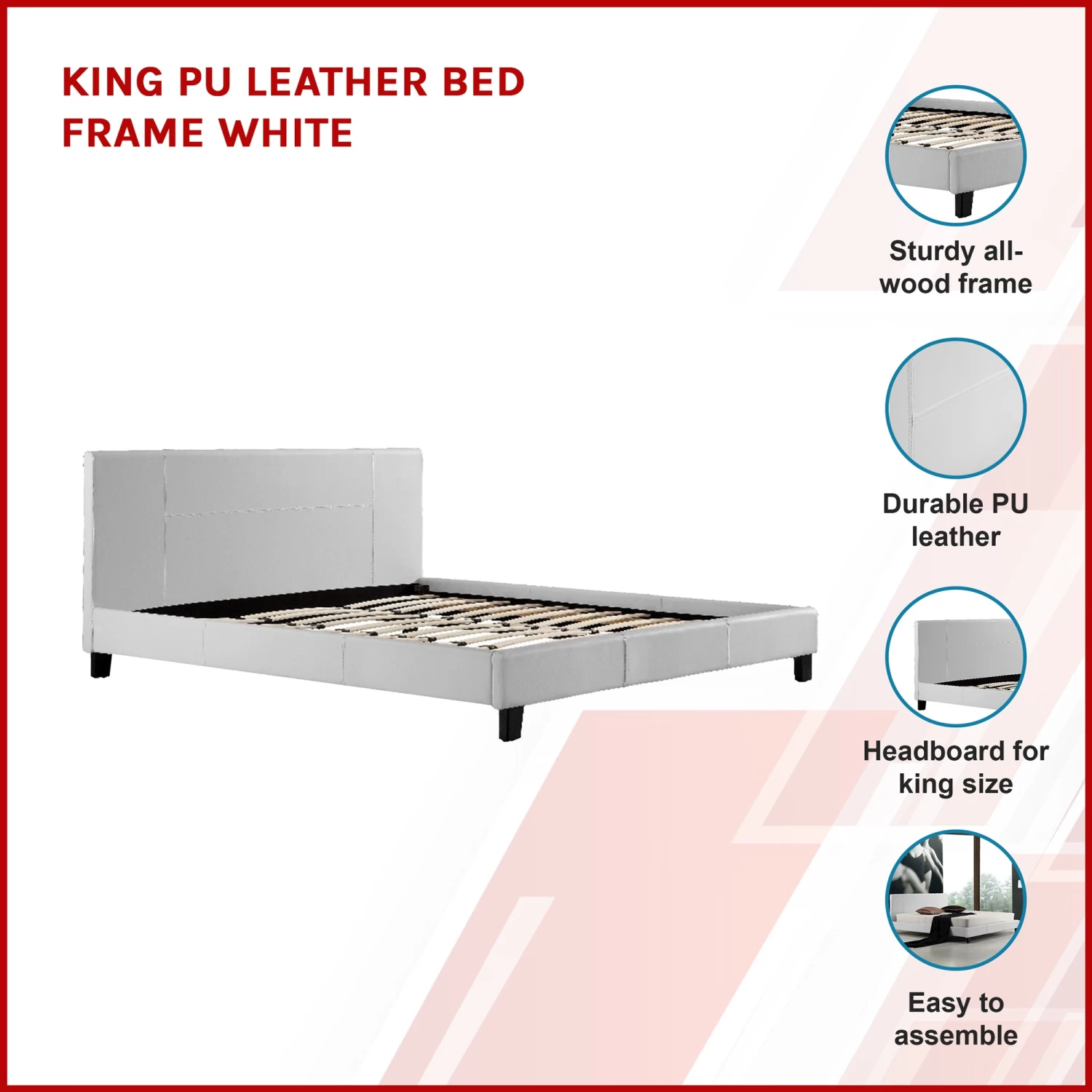 King PU Leather Bed Frame White - Image 3