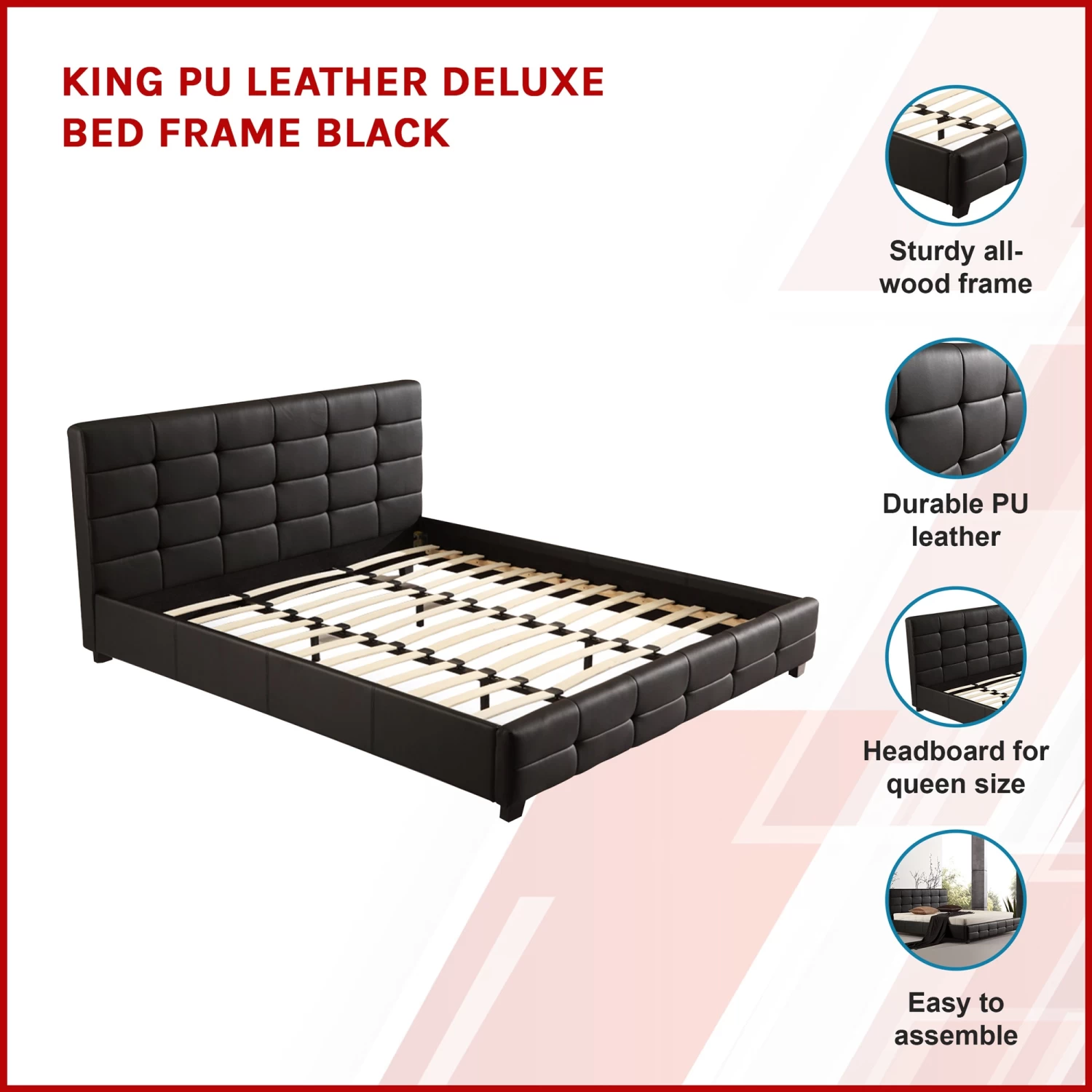 King PU Leather Deluxe Bed Frame Black - Image 3