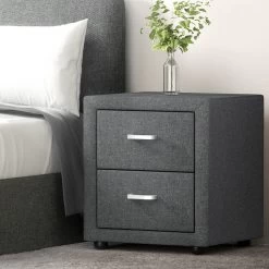 Artiss 2 Drawers Bedside Table Side Table Nightstand Grey Fabric Upholstered