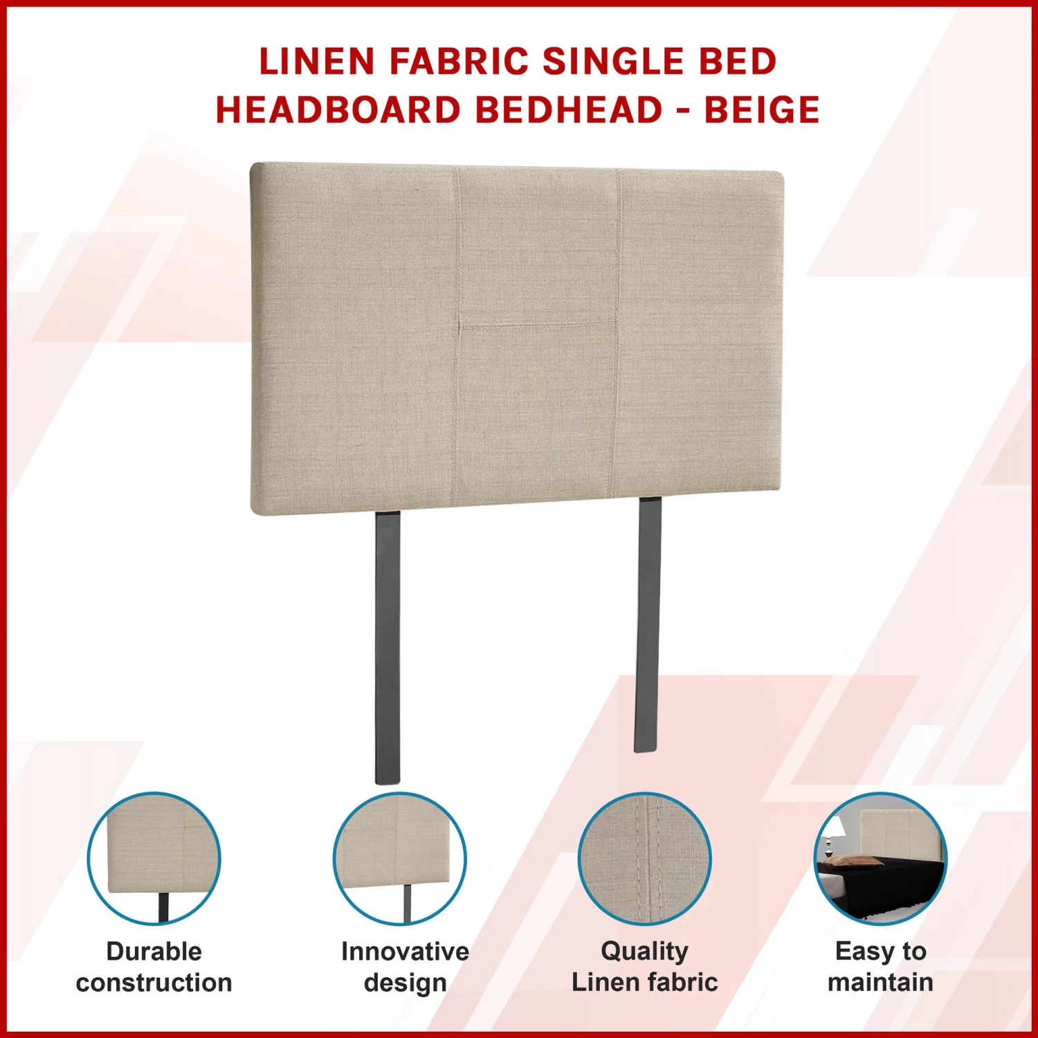 Linen Fabric Single Bed Headboard Bedhead - Beige - Image 3