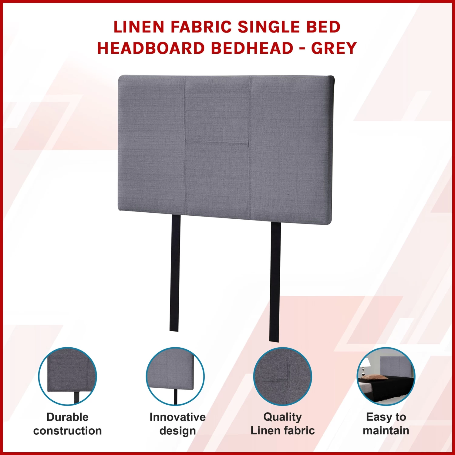 Linen Fabric Single Bed Headboard Bedhead - Grey - Image 3