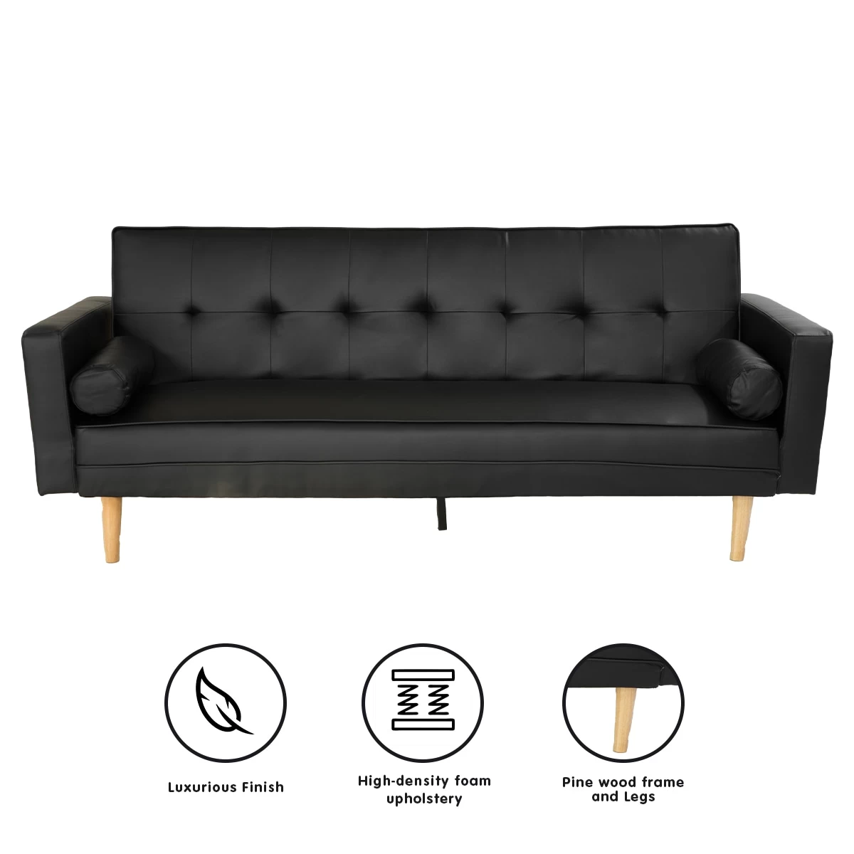 Madison Faux Leather Sofa Bed Lounge Couch Futon Furniture Home Suite - Black - Image 2
