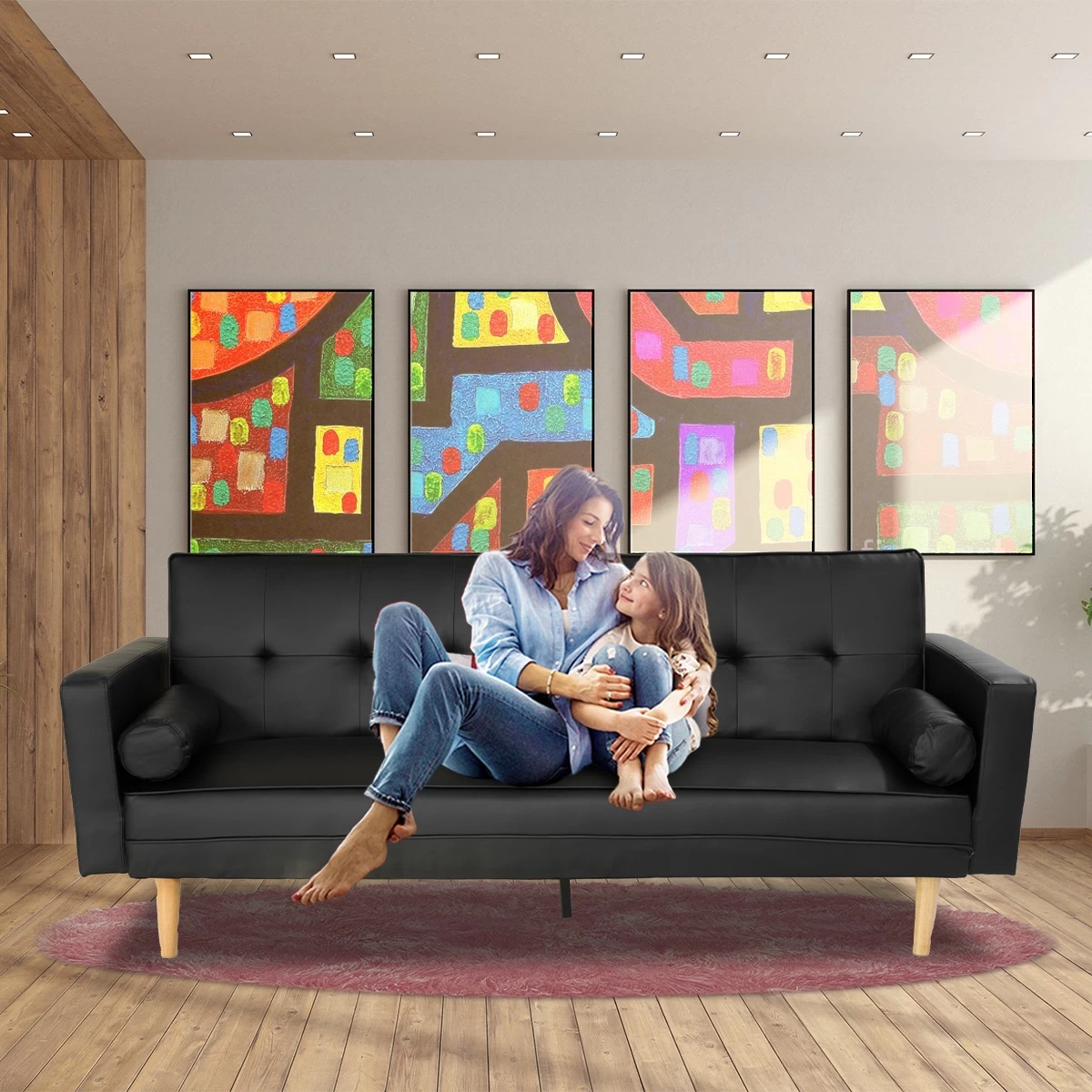 Madison Faux Leather Sofa Bed Lounge Couch Futon Furniture Home Suite - Black - Image 7