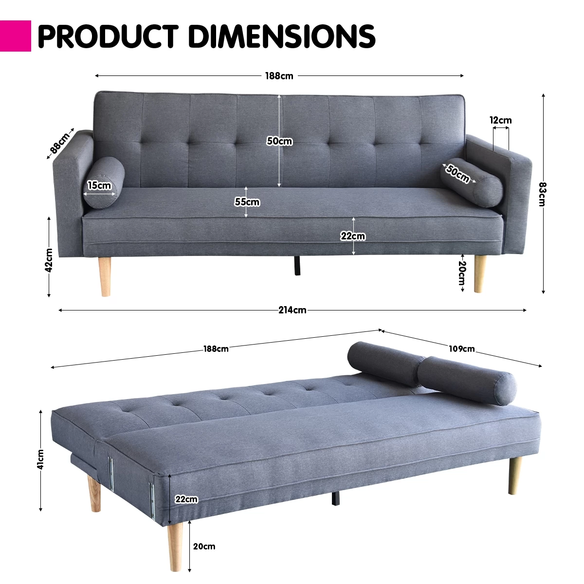 Madison Sofa Bed Lounge Couch Futon Furniture Home Dark Grey Linen Suite - Image 9