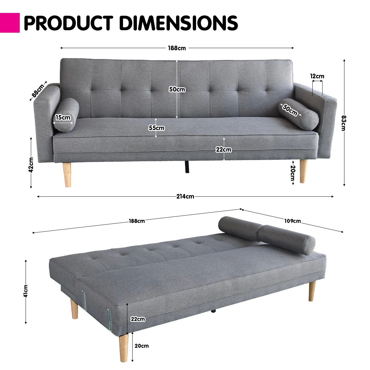 Madison Sofa Bed Lounge Couch Futon Furniture Home Light Grey Linen Suite - Image 9