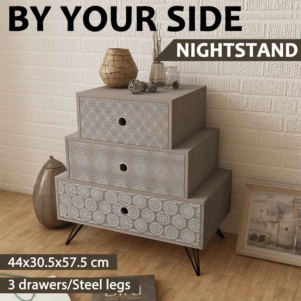 Nightstand With 3 Drawers Grey And Brown VidaXL - Image 2