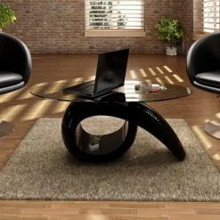 Coffee Table With Oval Glass Top High Gloss Black VidaXL