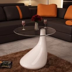 Coffee Table With Round Glass Top High Gloss White VidaXL