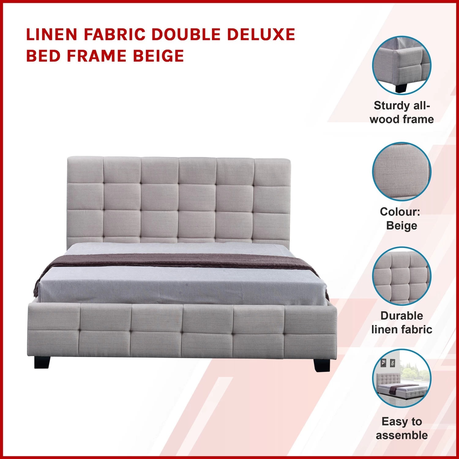 Linen Fabric Double Deluxe Bed Frame Beige - Image 3