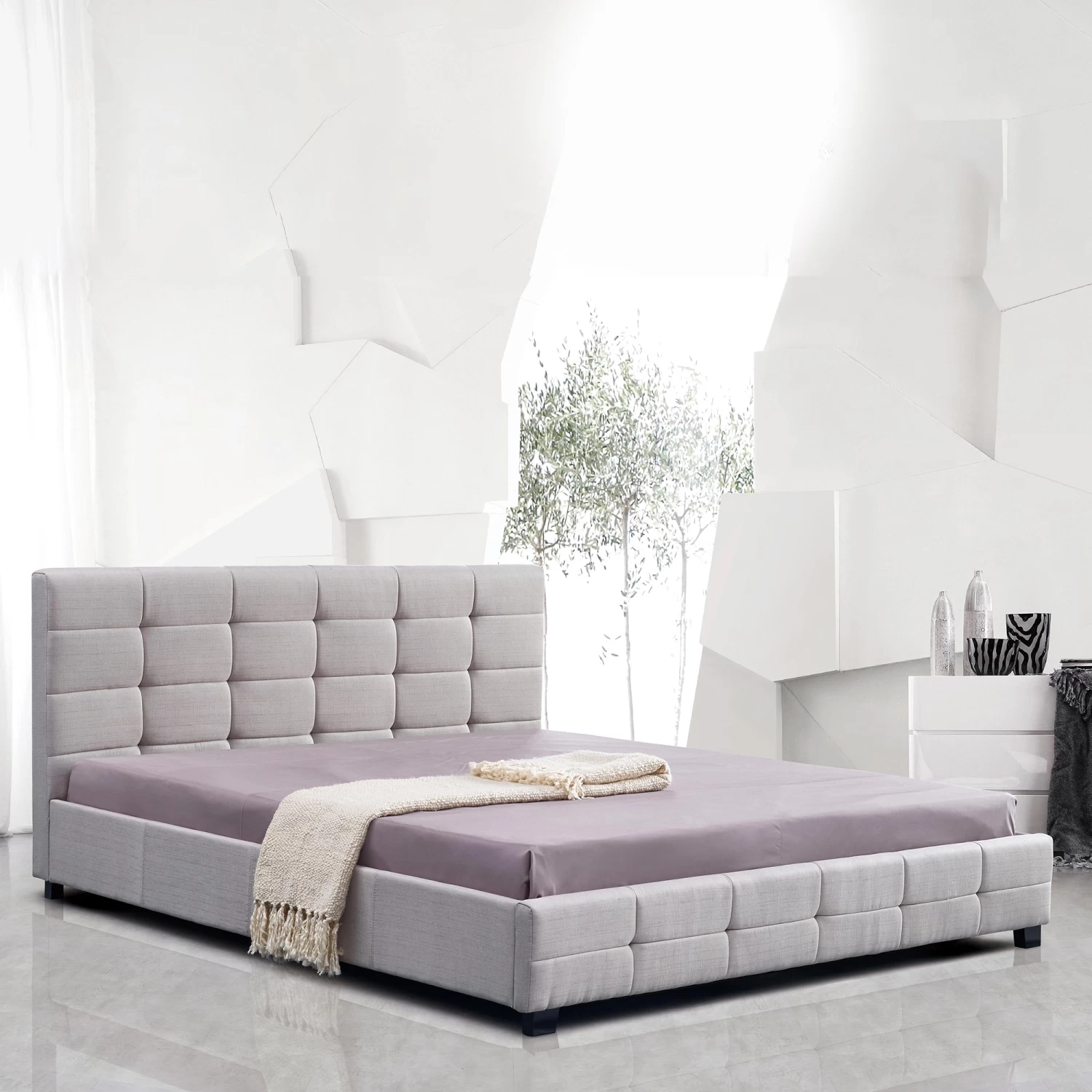 Linen Fabric King Deluxe Bed Frame Beige - Image 2