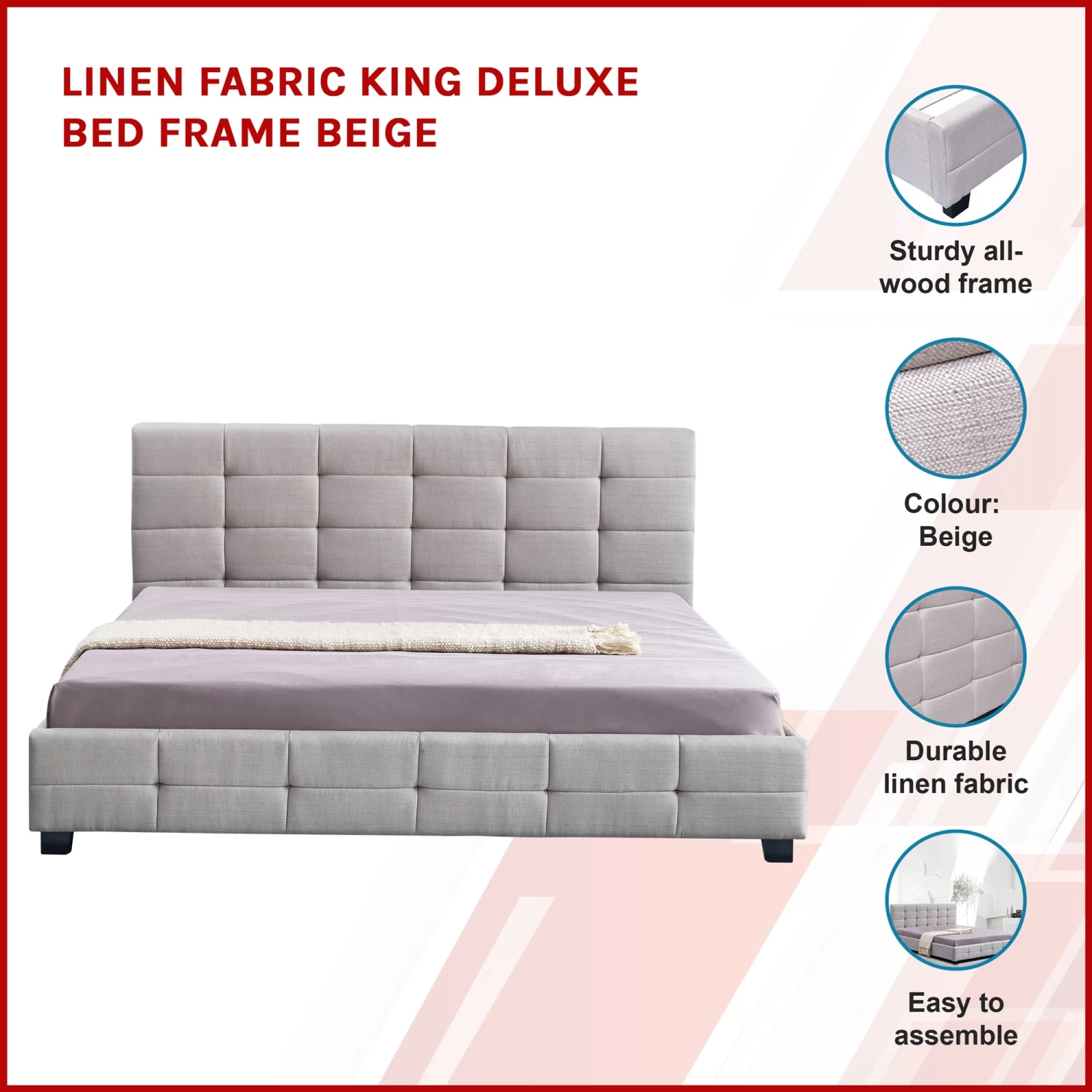 Linen Fabric King Deluxe Bed Frame Beige - Image 3