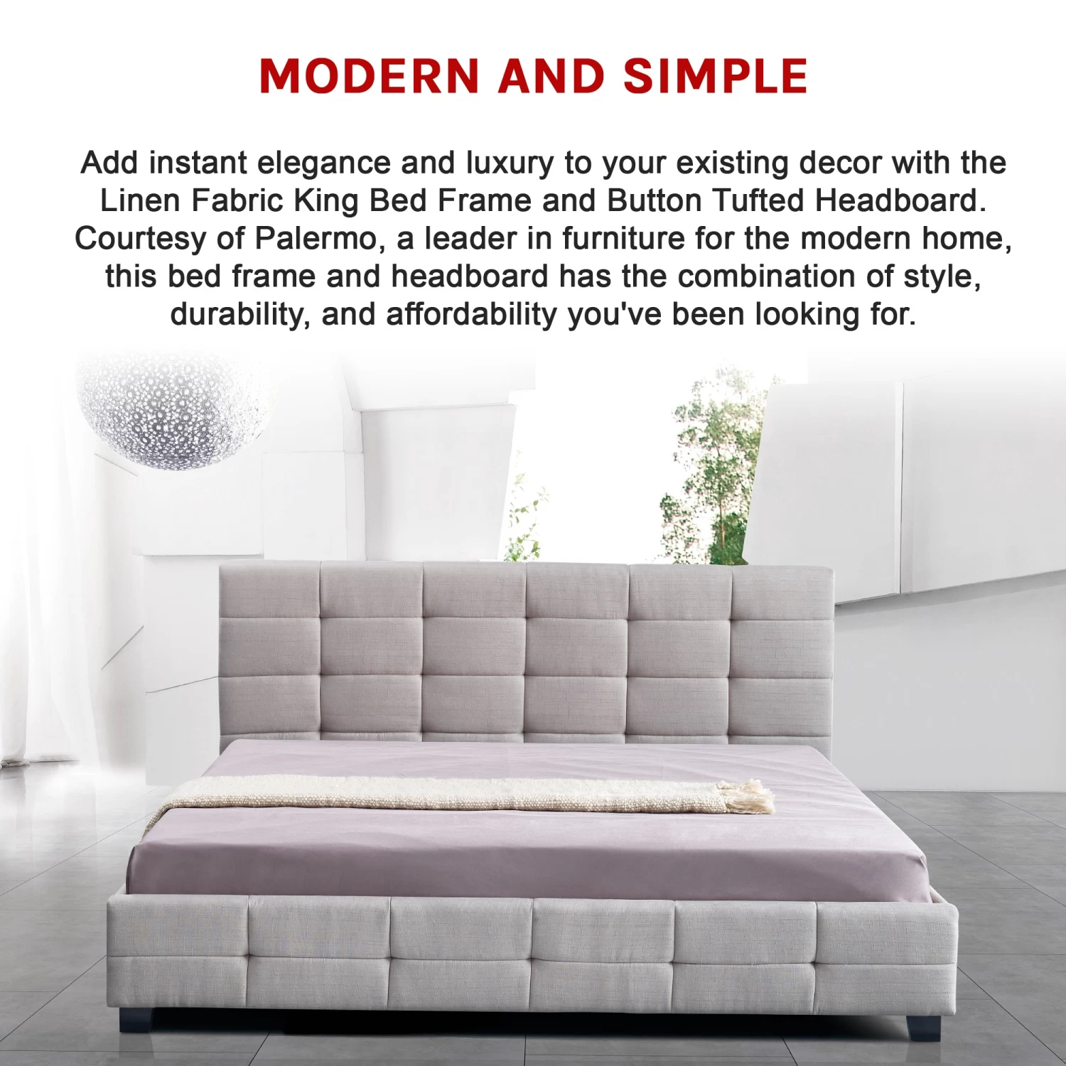 Linen Fabric King Deluxe Bed Frame Beige - Image 7