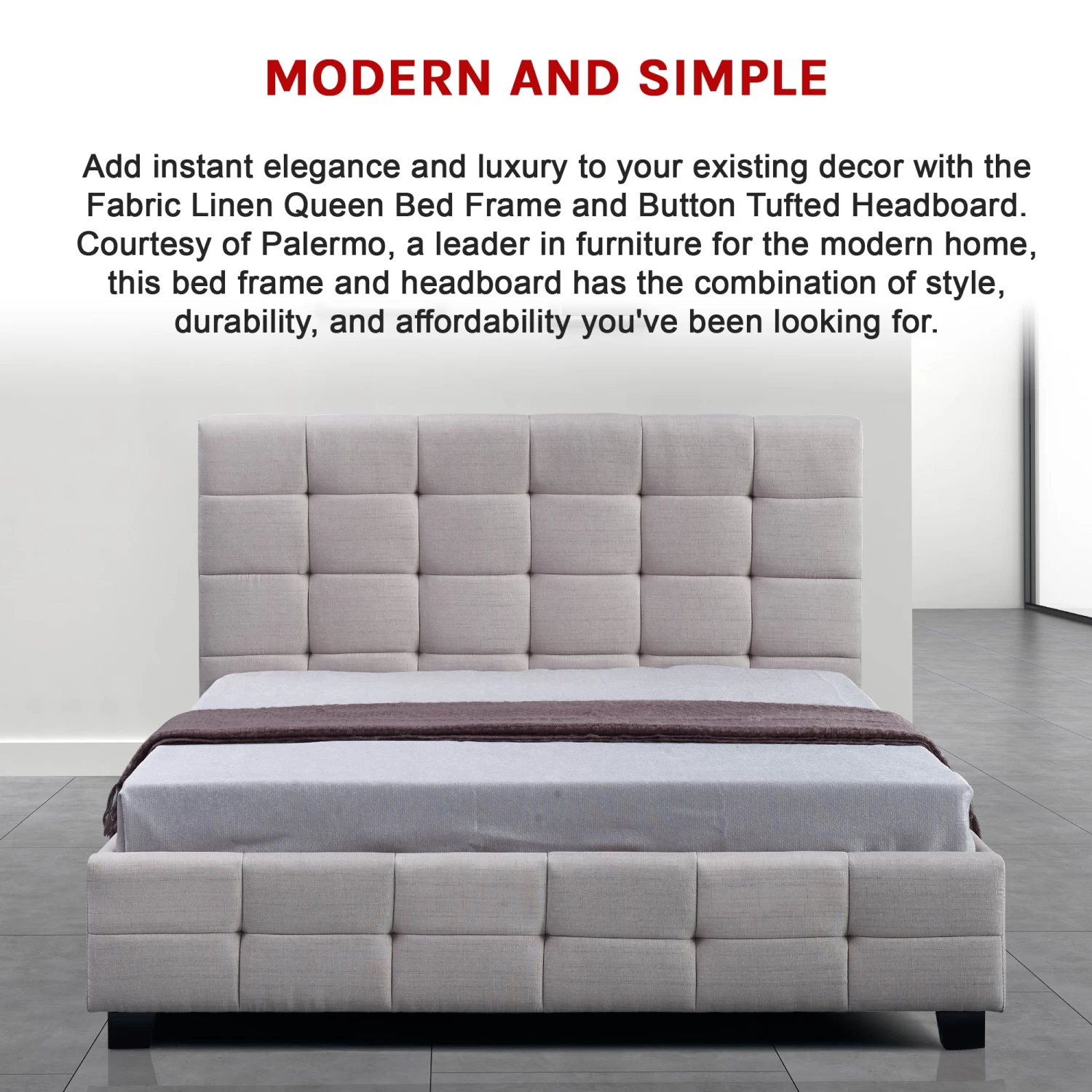 Linen Fabric Queen Deluxe Bed Frame Beige - Image 6