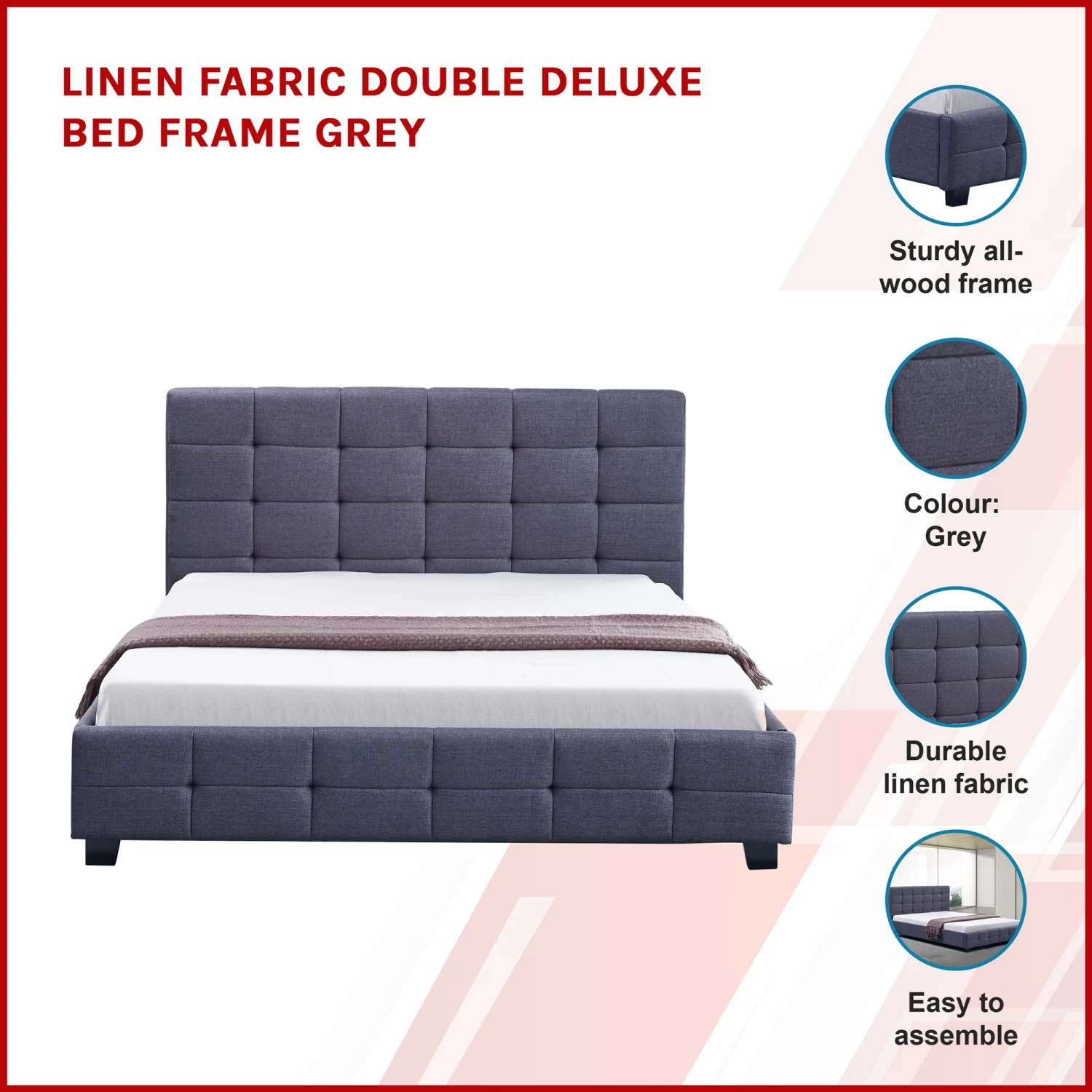 Linen Fabric Double Deluxe Bed Frame Grey - Image 3