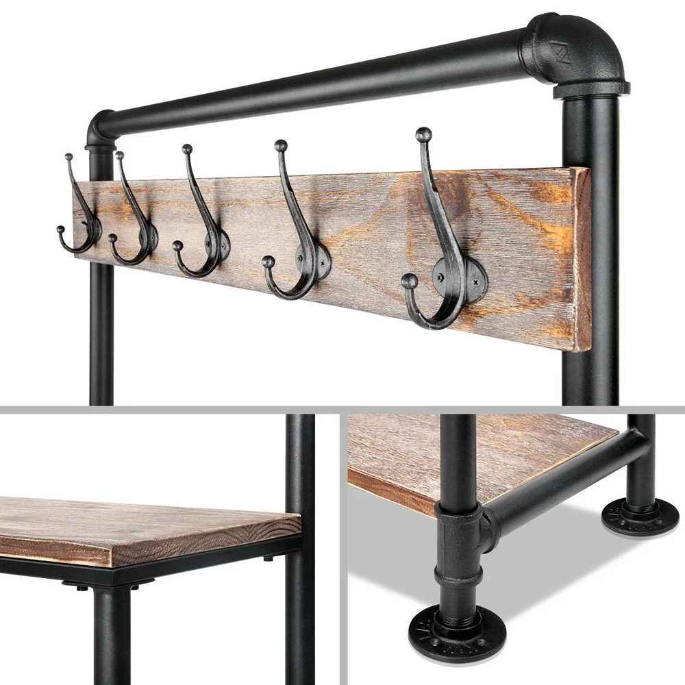 Artiss Clothes Rack Shoe Racks Vintage Coat Stand Entryway Wooden Metal Shelf - Image 6