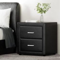Artiss 2 Drawers Bedside Table Side Table Nightstand Black Leather Upholstered