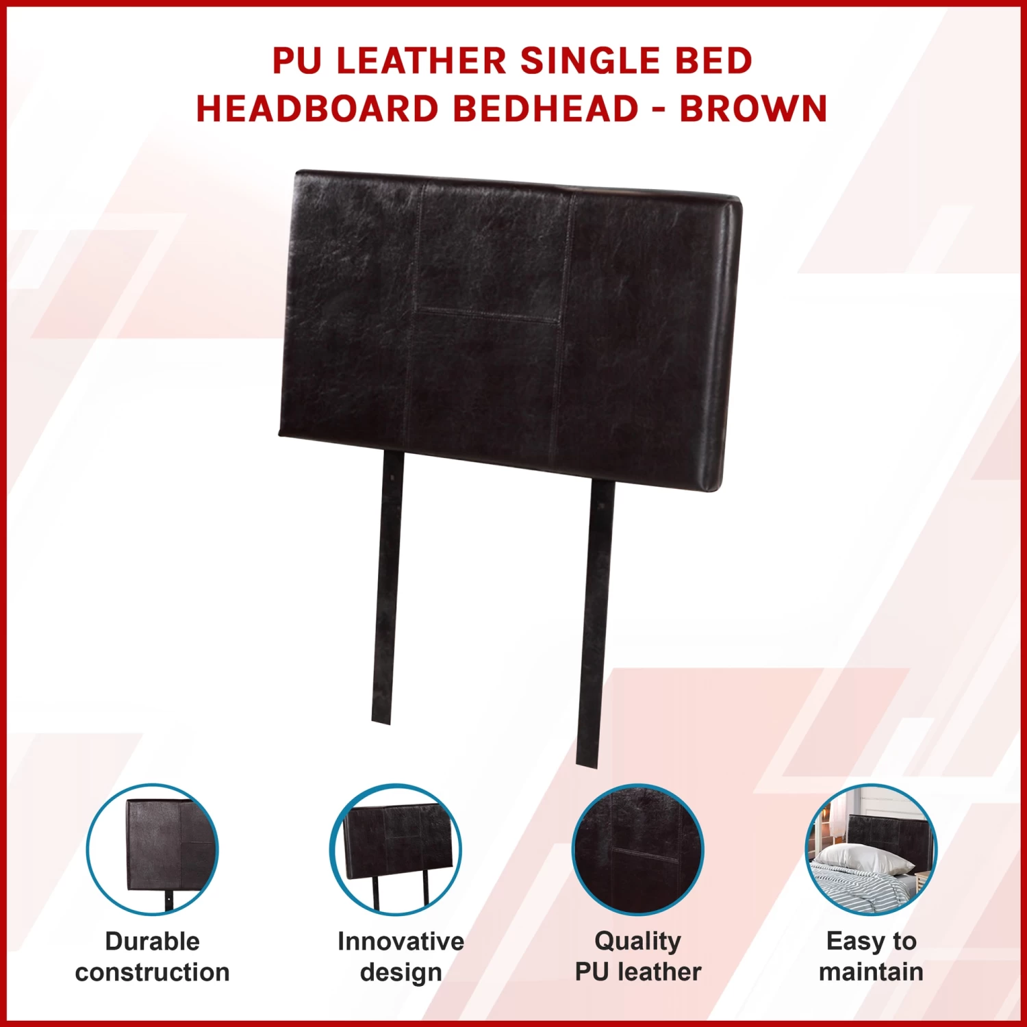 PU Leather Single Bed Headboard Bedhead - Brown - Image 3