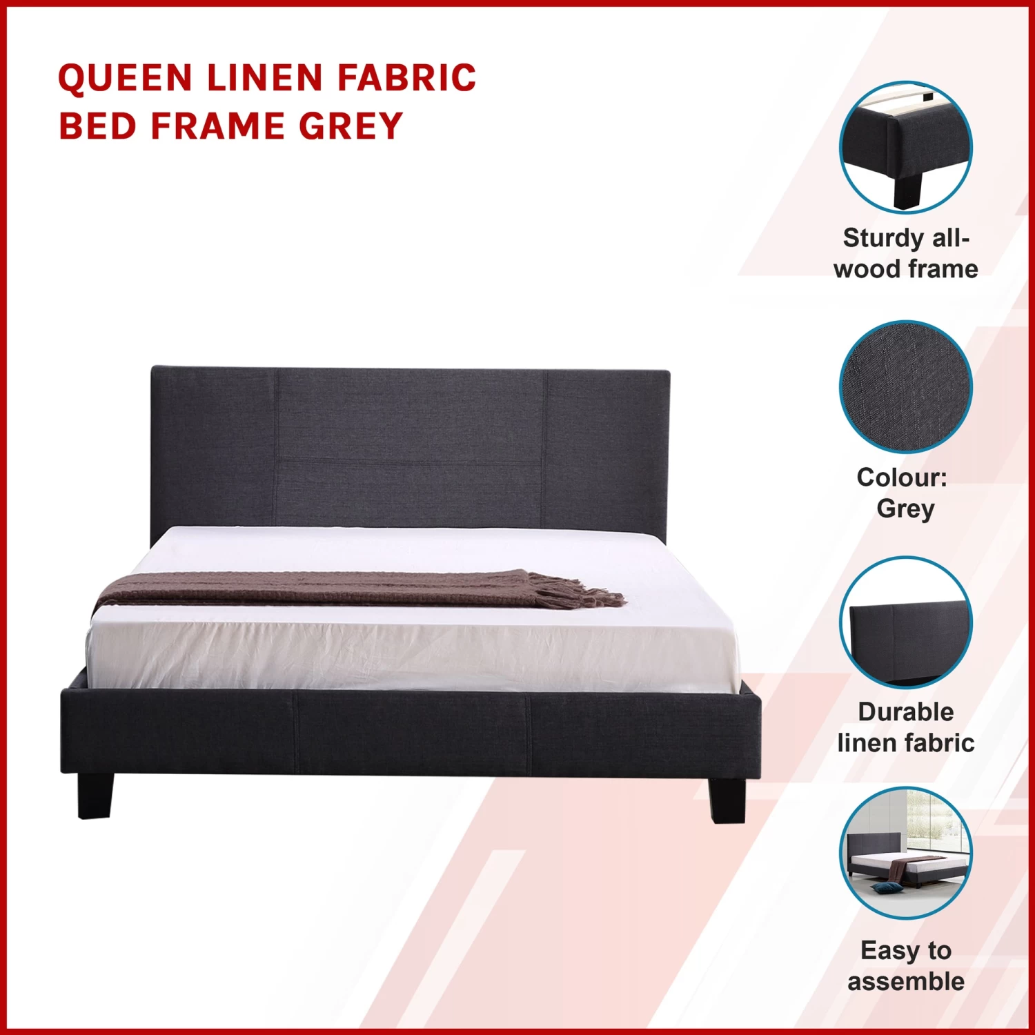 Queen Linen Fabric Bed Frame Grey - Image 3