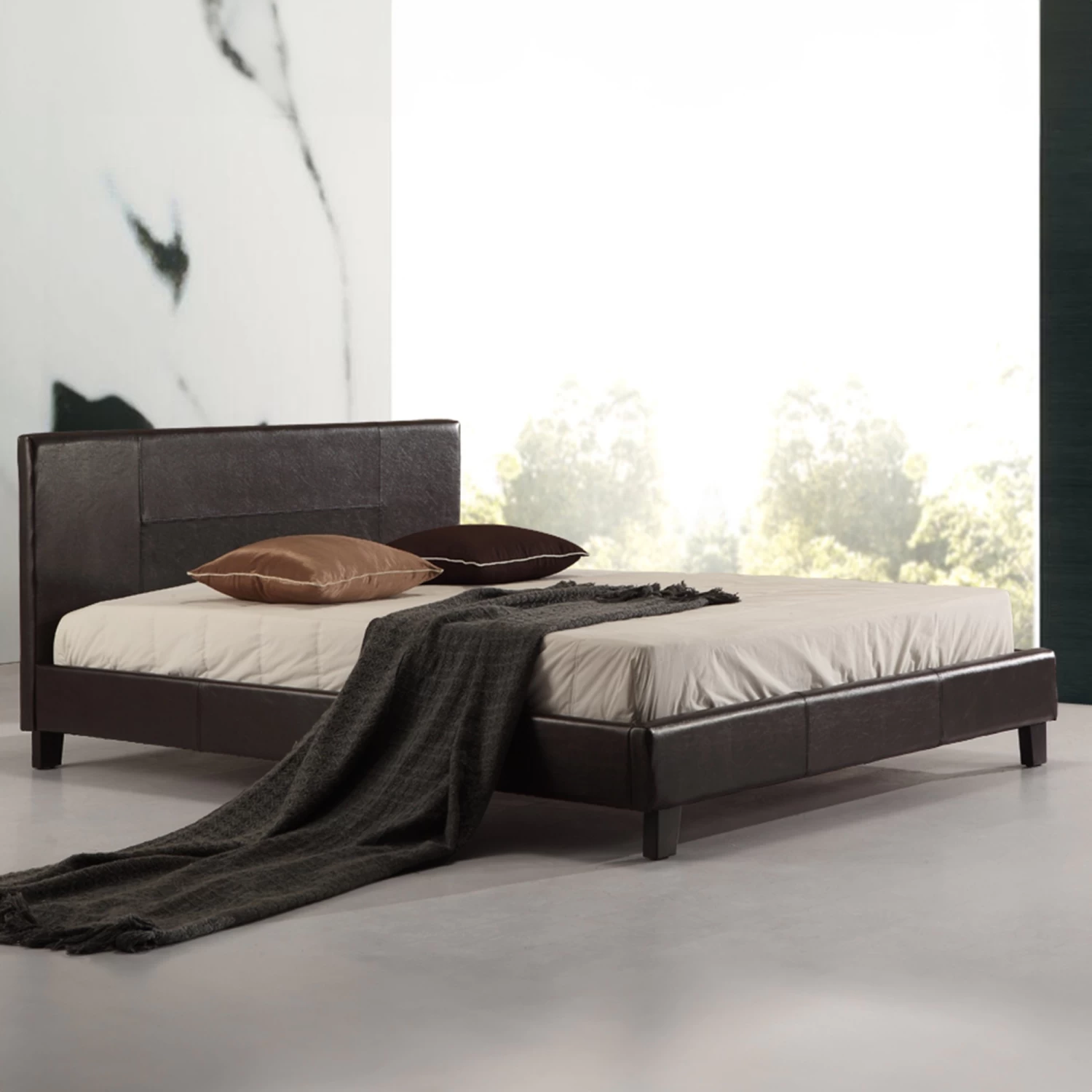 Queen PU Leather Bed Frame Brown - Image 2