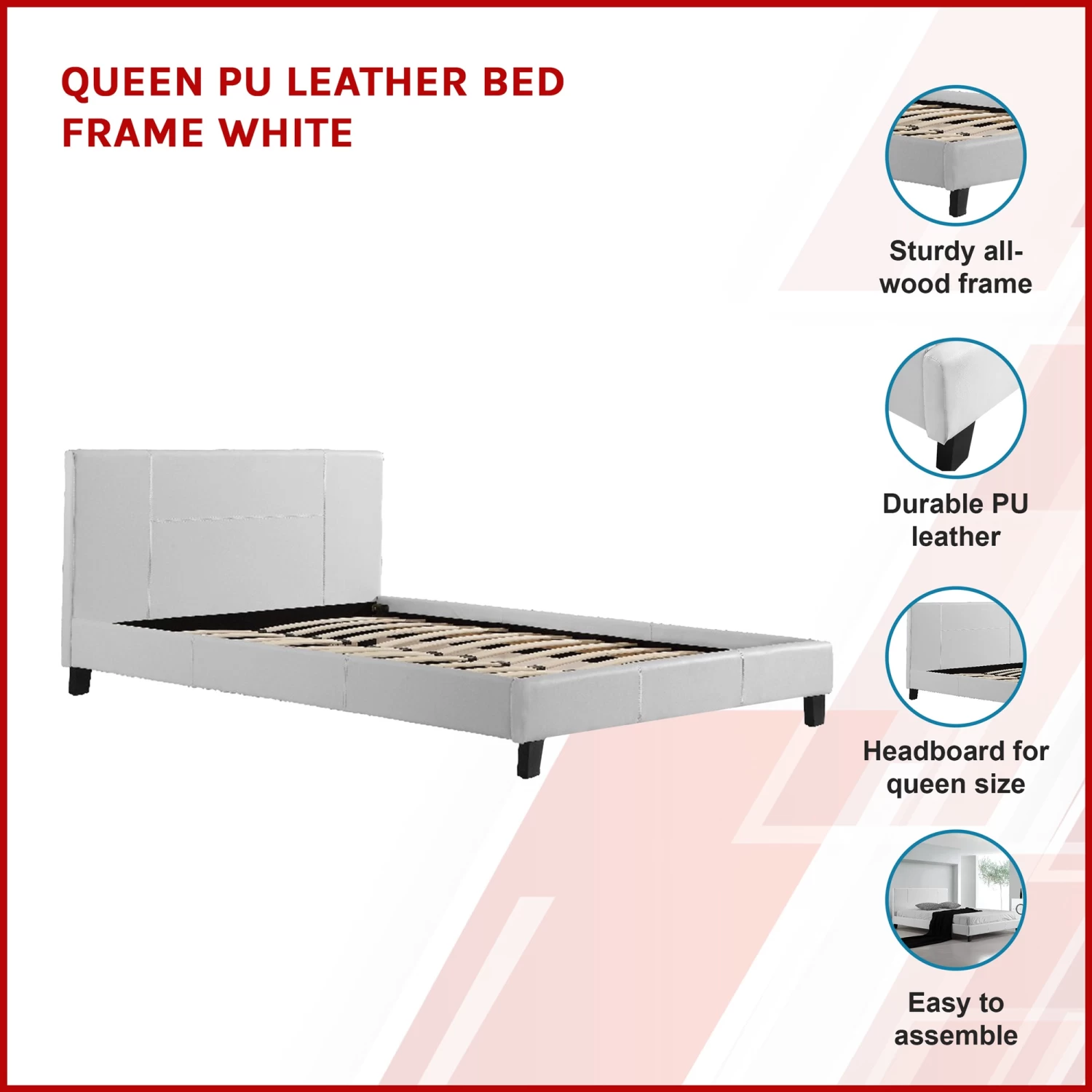 Queen PU Leather Bed Frame White - Image 3
