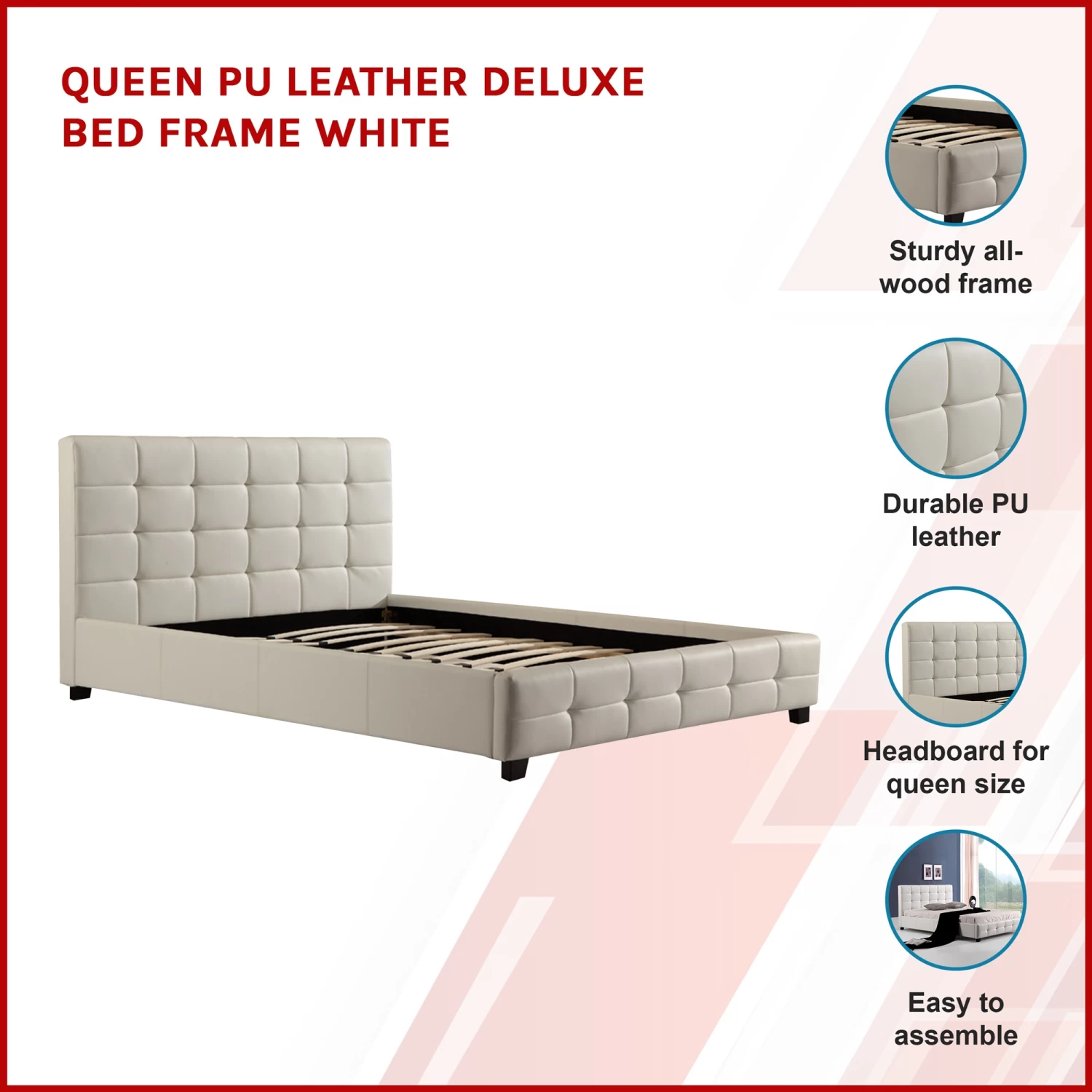 Queen PU Leather Deluxe Bed Frame White - Image 3
