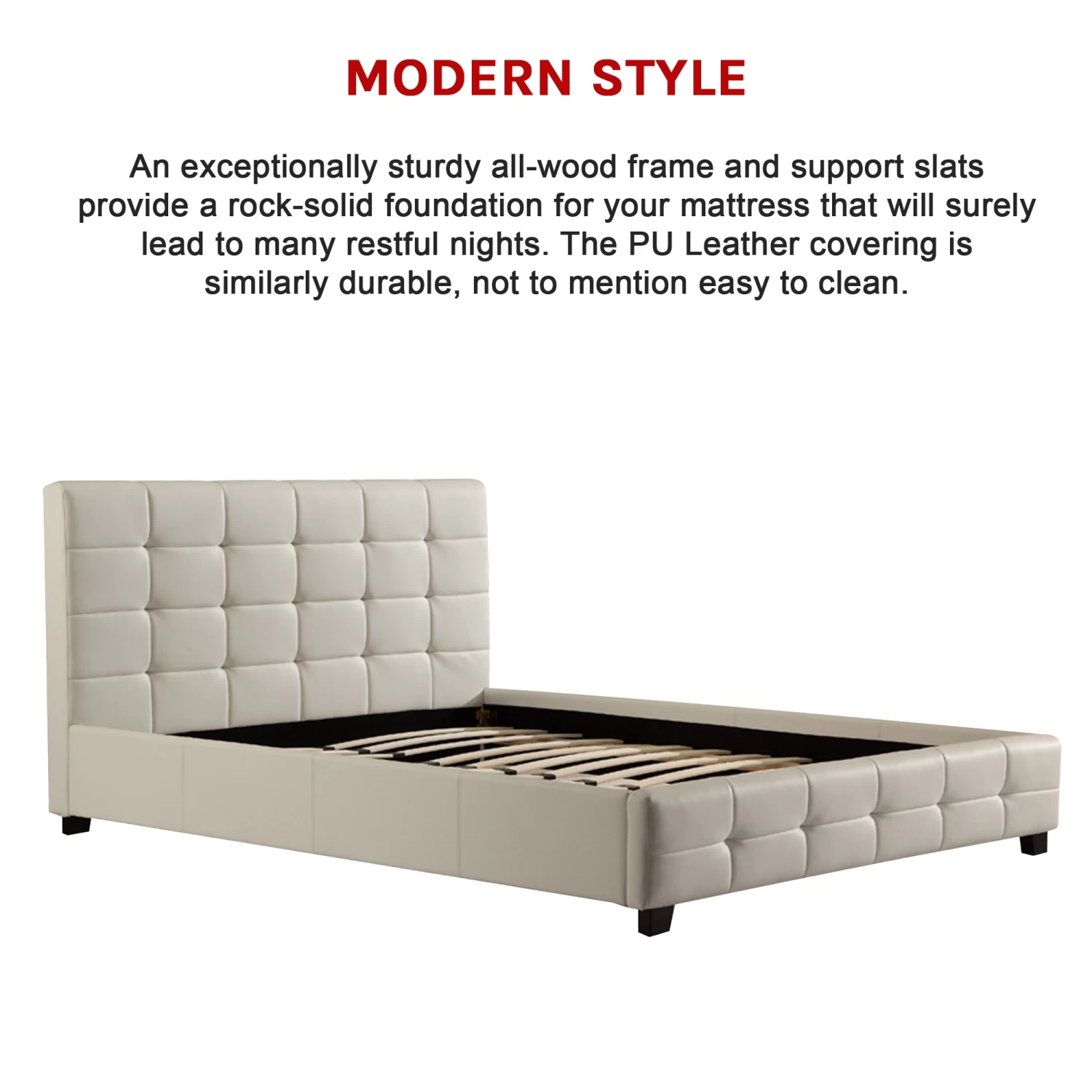 Queen PU Leather Deluxe Bed Frame White - Image 7