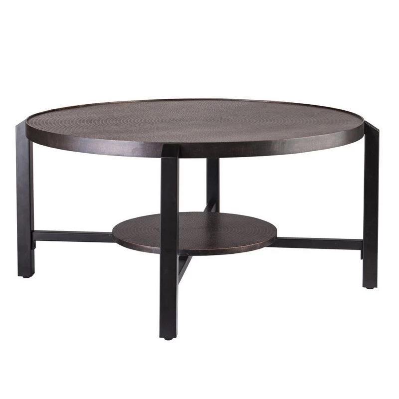 Rustic 2 Tier Engraved Iron Coffee Table In Copper - Image 2