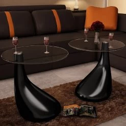 Coffee Table 2 Pcs With Round Glass Top High Gloss Black VidaXL