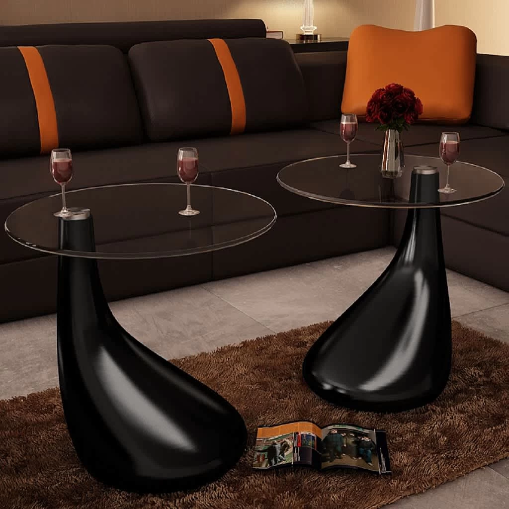 Coffee Table 2 Pcs With Round Glass Top High Gloss Black VidaXL - Image 2