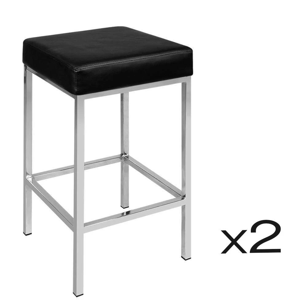2x Flat Cubic Chrome PU Leather Bar Stool In Black
