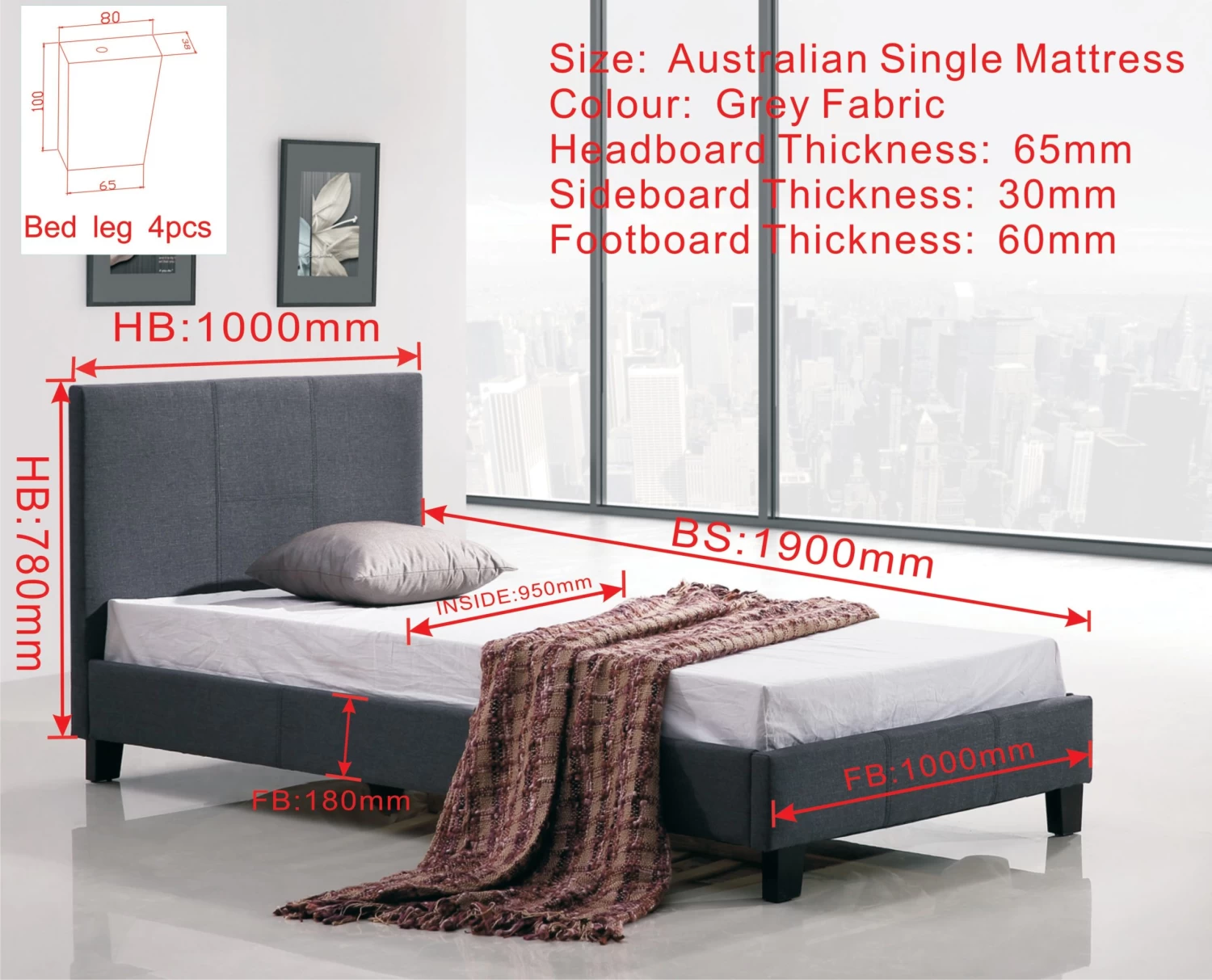 Single Linen Fabric Bed Frame Grey - Image 5