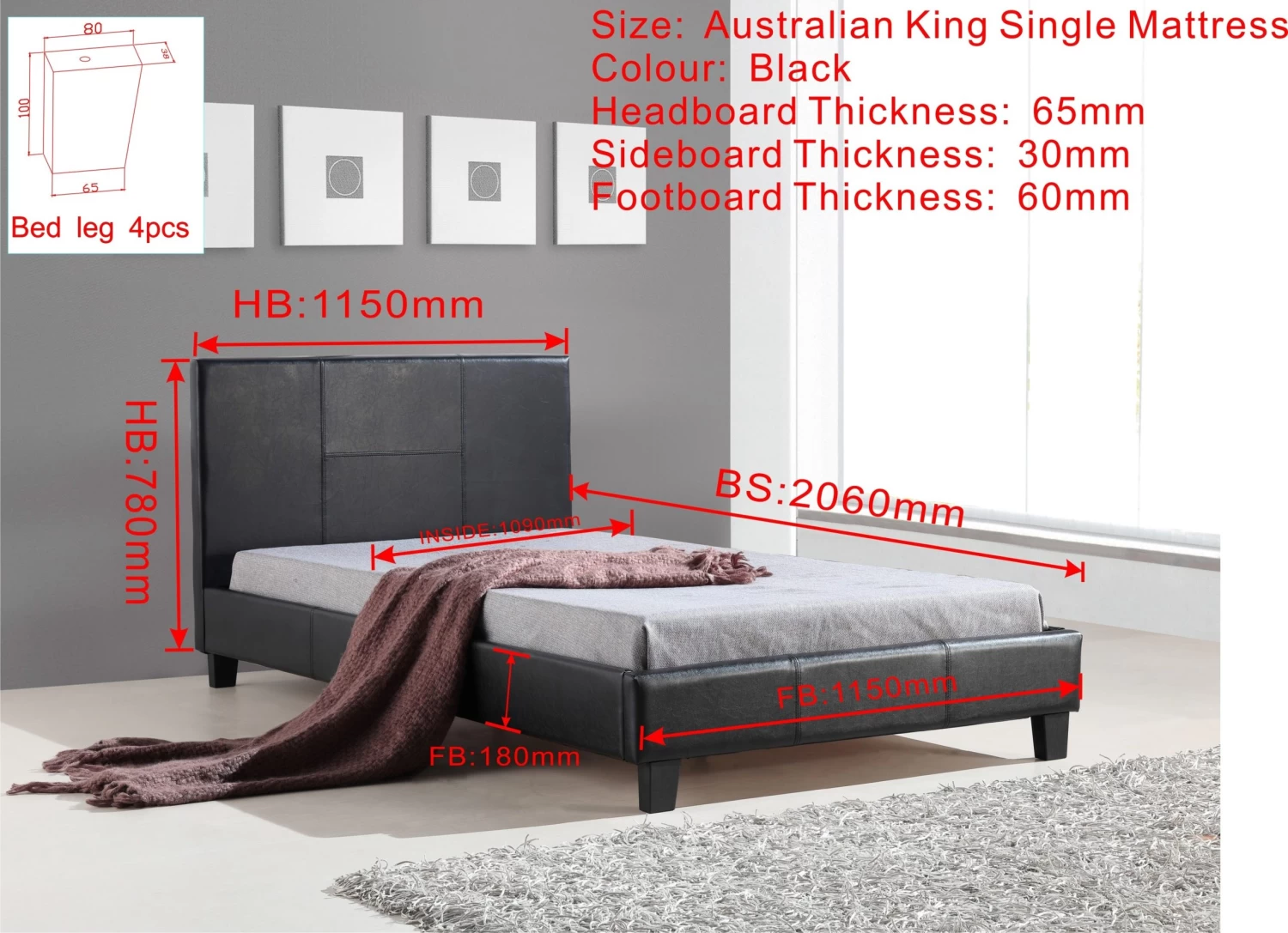 King Single PU Leather Bed Frame Black - Image 5