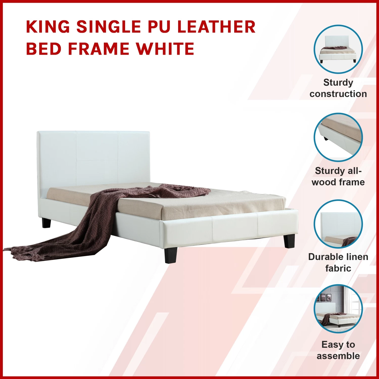 King Single PU Leather Bed Frame White - Image 3