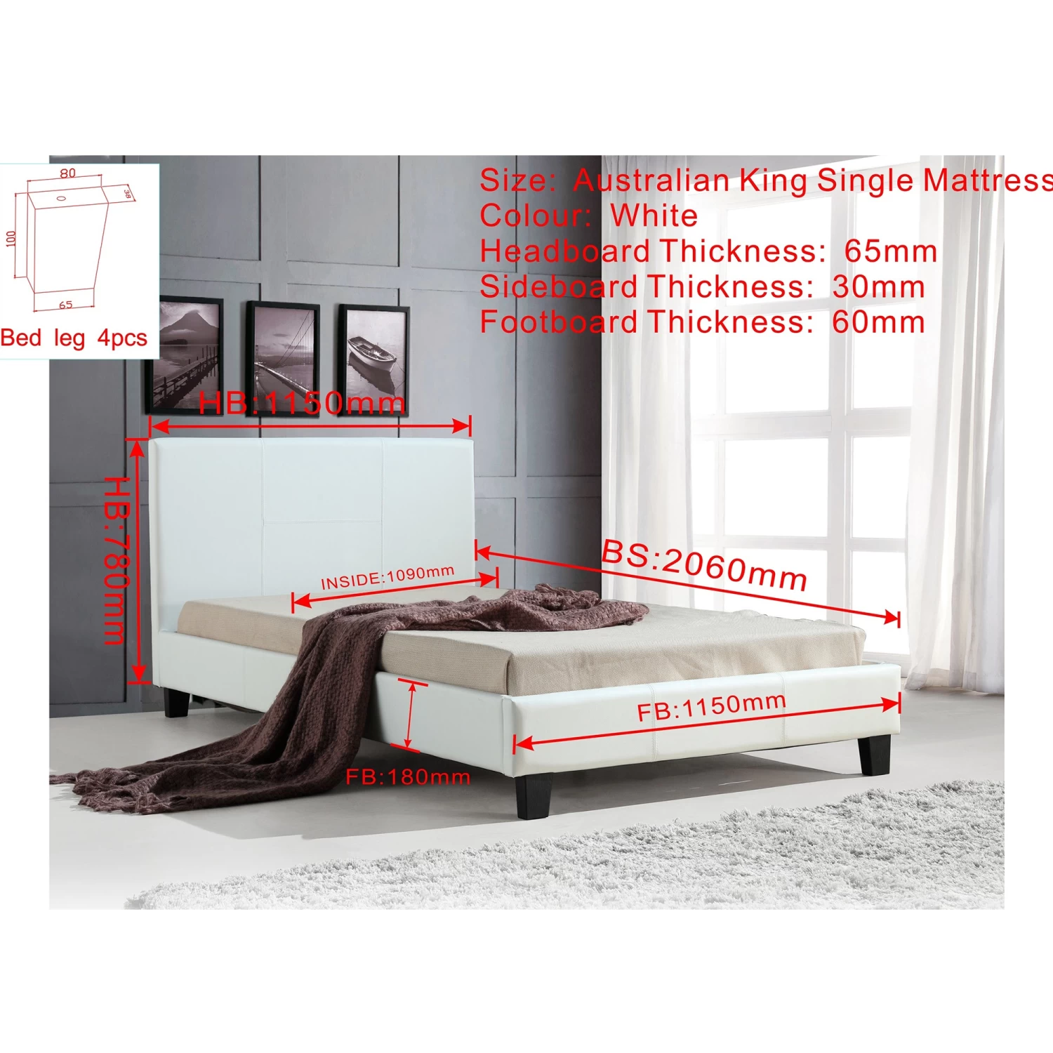 King Single PU Leather Bed Frame White - Image 7