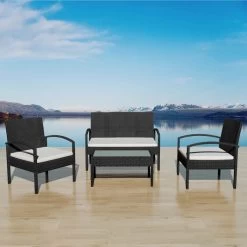 4 Piece Garden Lounge Set With Cushions Poly Rattan Black VidaXL