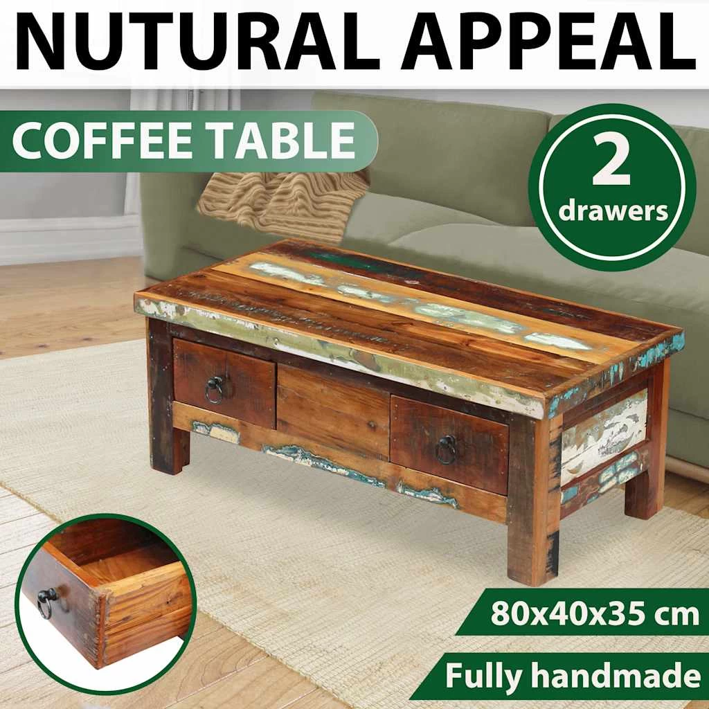 Coffee Table Drawers Solid Reclaimed Wood 90x45x35 Cm VidaXL - Image 2