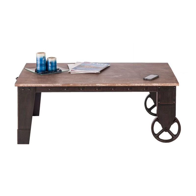 Industrial Wrought Iron Wood Coffee Table W/ Wheels