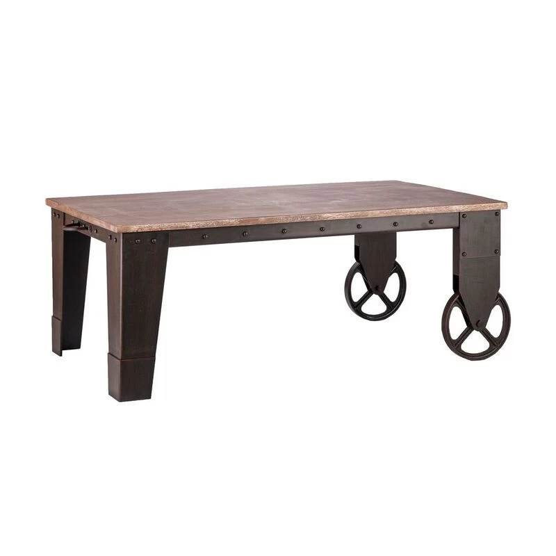 Industrial Wrought Iron Wood Coffee Table W/ Wheels - Image 2