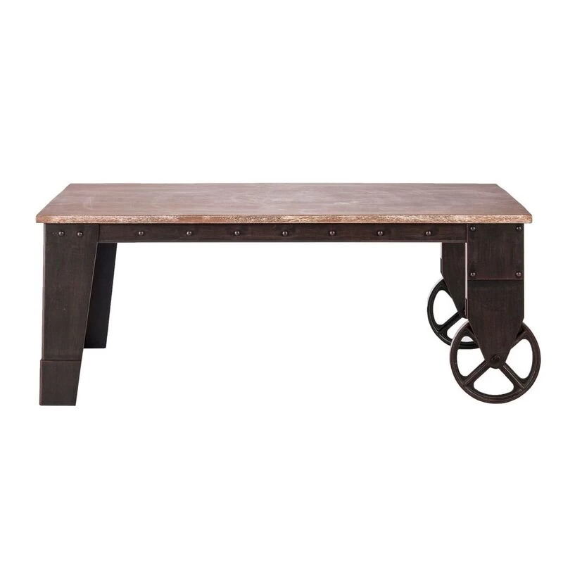 Industrial Wrought Iron Wood Coffee Table W/ Wheels - Image 3