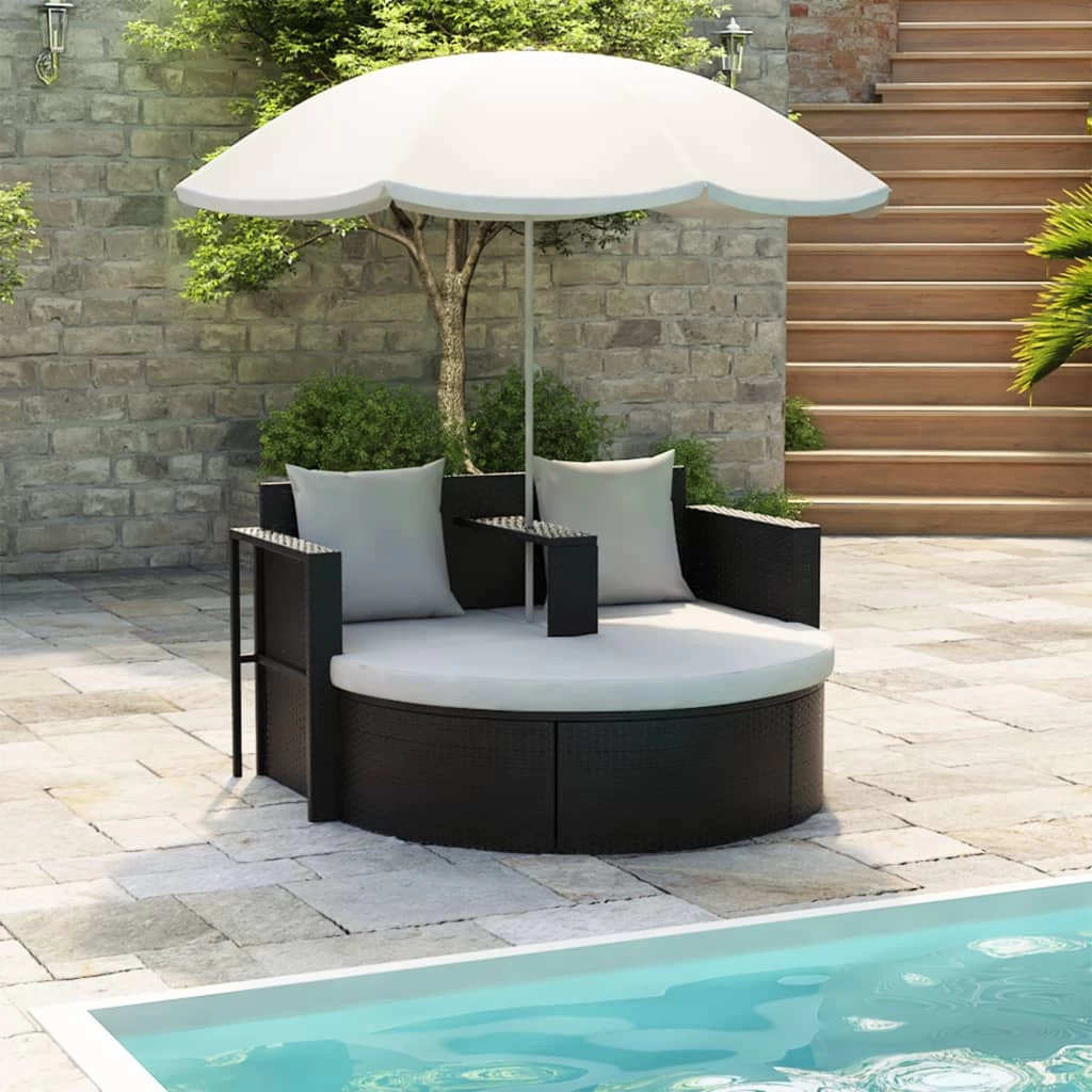 Garden Bed With Parasol Black Poly Rattan VidaXL