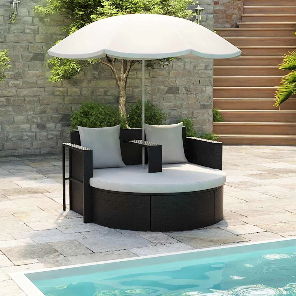 Garden Bed With Parasol Black Poly Rattan VidaXL - Image 2