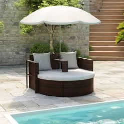 Garden Bed With Parasol Brown Poly Rattan VidaXL