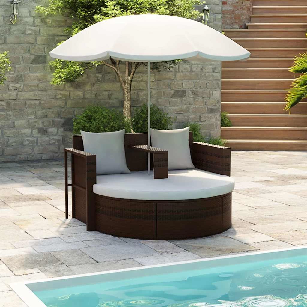 Garden Bed With Parasol Brown Poly Rattan VidaXL - Image 2