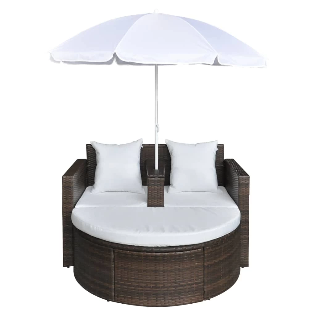 Garden Bed With Parasol Brown Poly Rattan VidaXL - Image 3