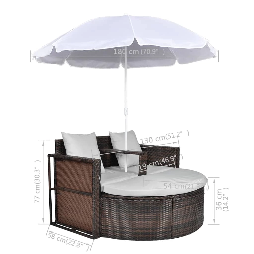 Garden Bed With Parasol Brown Poly Rattan VidaXL - Image 5
